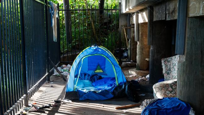 Lismore. A tent sits under a bridge on the edge of town, homeless people and drug users are said to often live in tents along the river. Picture: David Swift