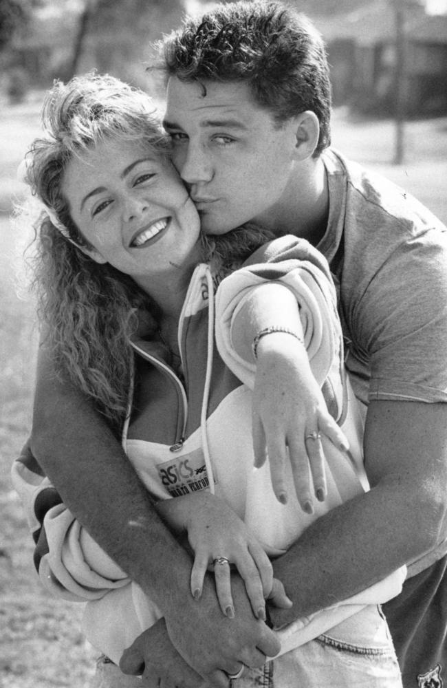 Meagan shows off her ring as she and Mark announce their engagement in the early 1990s. When Meagan informed her big brother Greg she had a boyfriend in Penrith’s Under-23 team, he replied: “That’s great, as long as it’s not Mark Geyer.” Picture: Supplied