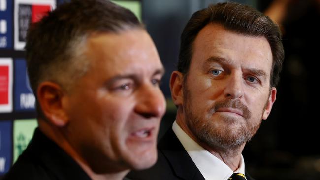 MELBOURNE, AUSTRALIA - September 22, 2023. AFL .   New Richmond coach Adam Yze faces the media with president John O'Rourke and CEO Brendon Gale at the Tigers Punt Road headquarters.   Photo by Michael Klein.