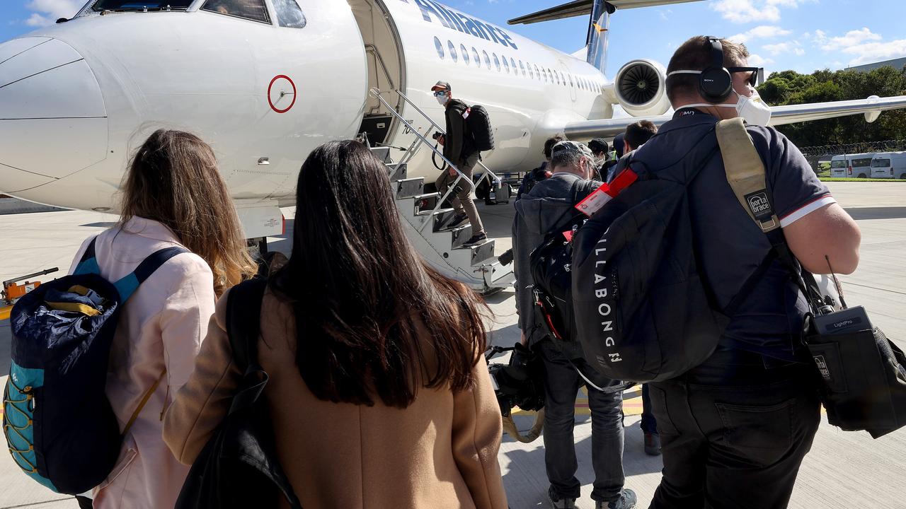 Boarding a charter flight from Melbourne to Sydney on the Albo Express. Picture: Toby Zerna