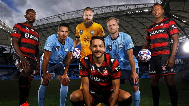 Milos Ninkovic (front) is all set for the Sydney derby with (back, L-R) Adama Traore, Jack Rodwell, Andrew Redmayne, Rhyan Grant and Marcelo. Picture: Phil Hillyard