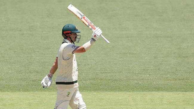 Travis Head celebrates his half century after lunch. Picture: Paul Kane/Getty Images