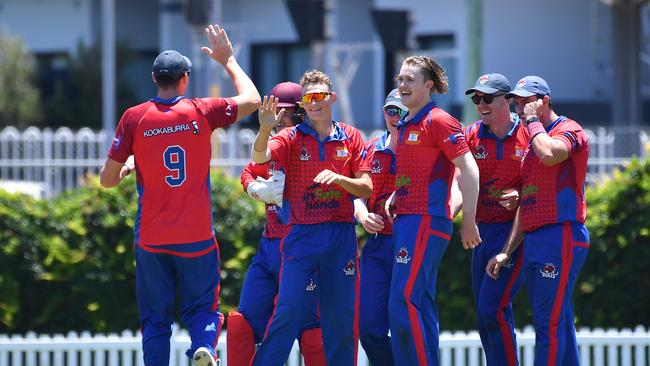 Toombul players celebrate a wicket. T20 club cricket - Toombul v Sandgate Redcliffe Saturday December 4, 2021. Picture, John Gass