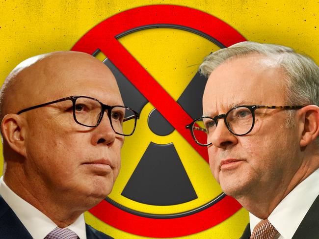 19 June 2024; Peter Dutton and Anthony Albanese in front of the no nuclear sign. Artwork by Emilia Tortorella. Sources: Supplied. Ratio 16:9.