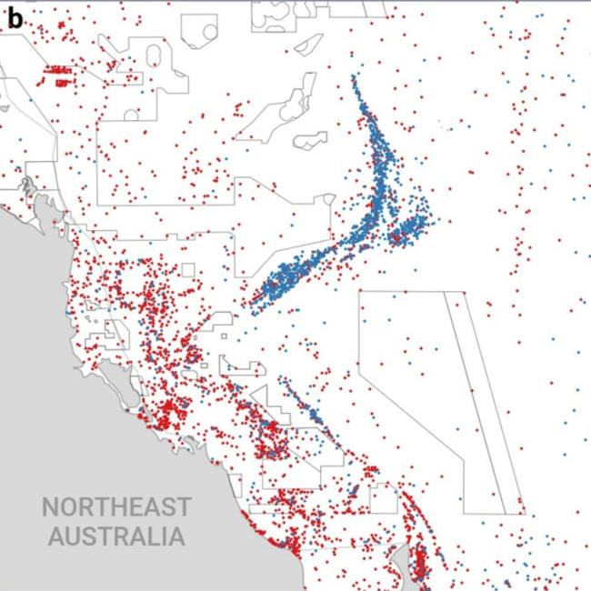 Figure 7b published in Nature: "Satellite imagery-based detection allows monitoring at local scale. From 2017 to 2021, there were substantial numbers of vessels not publicly tracked (red) within the boundaries of two of the most iconic, biologically important and well-monitored MPAs in the world: Galapagos Marine Reserve and south of the Great Barrier Reef Marine Park."