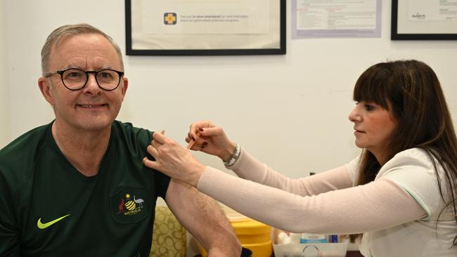 Prime Minister Anthony Albanese receiving his fourth dose of the Covid-19 vaccine in 2022. Picture: Dean Lewins/Getty