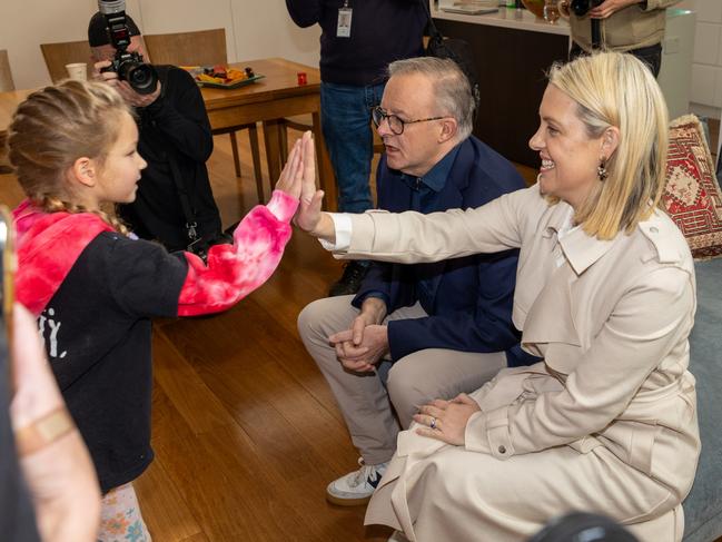 Chief executive of campaign group Parenthood Georgie Dent with Prime Minister Anthony Albanese. Picture: Seb Haggett