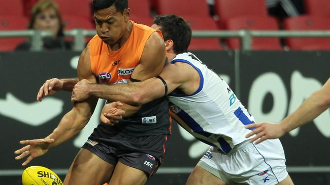 GWS Giantts Israel Folau is tackled during his stint in the AFL. Picture: Rohan Kelly
