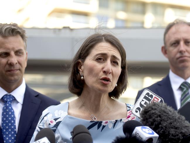 New South Wales Premier Gladys Berejiklian announcing the completion of 4000 commuter carapaces at Metro Stations. Picture: Jeremy Piper