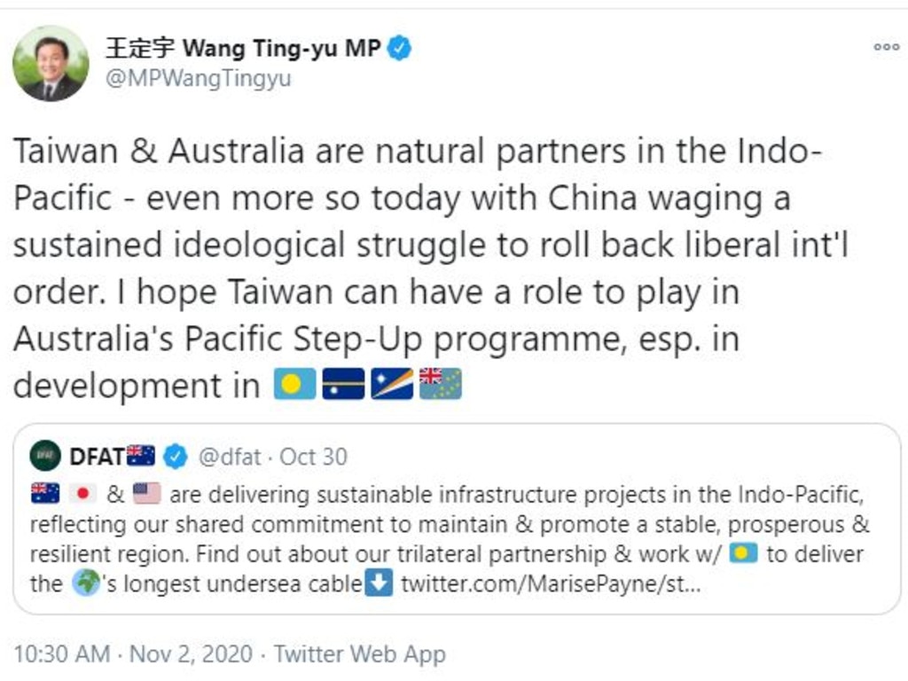 Taiwanese MP Wang Ting-yu tweets about Taiwan and Australia being ‘natural partners’. Picture: Twitter.