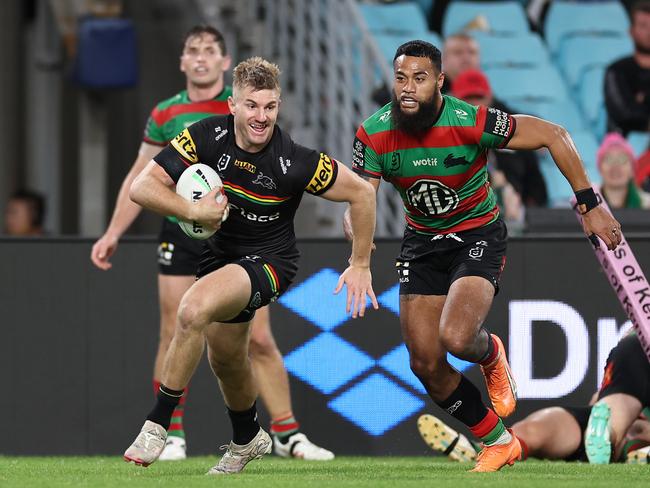 SYDNEY, AUSTRALIA - MAY 02:  Luke Garner of the Panthers scores a try during the round nine NRL match between South Sydney Rabbitohs and Penrith Panthers at Accor Stadium on May 02, 2024, in Sydney, Australia. (Photo by Cameron Spencer/Getty Images)