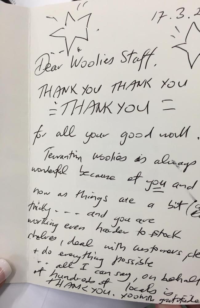 Australians write to Woolworths staff thanking them for their hard work despite shortages during the coronavirus pandemic. Their letters came as part of a Random Acts of Kindness campaign started by #TheKindnessPandemic Picture: Supplied