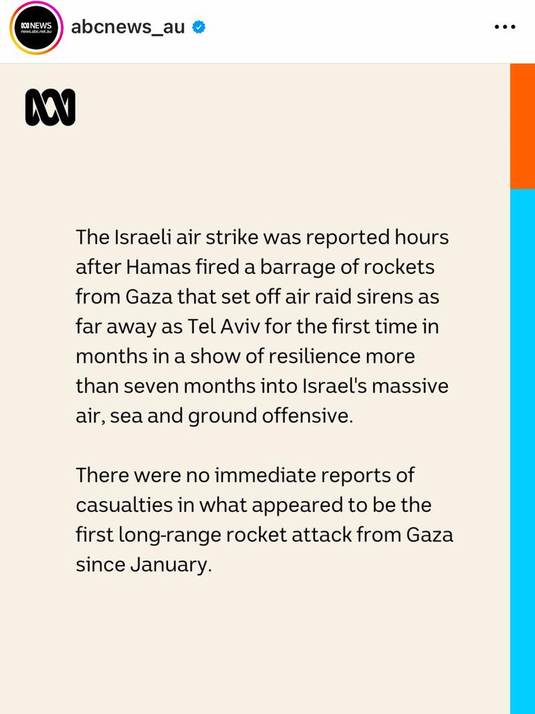 An ABC social media post describing a Hamas rocket attack on Israel as a show of 'resilience'.