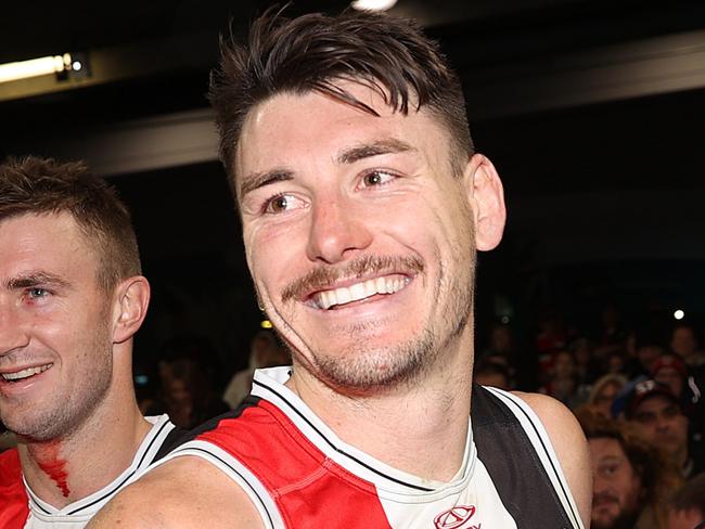 MELBOURNE, AUSTRALIA - JULY 07: Andrew Bassat, President of St Kilda Football Club celebrates with Josh Battle of the Saints during the round 17 AFL match between St Kilda Saints and Sydney Swans at Marvel Stadium, on July 07, 2024, in Melbourne, Australia. (Photo by Kelly Defina/Getty Images)