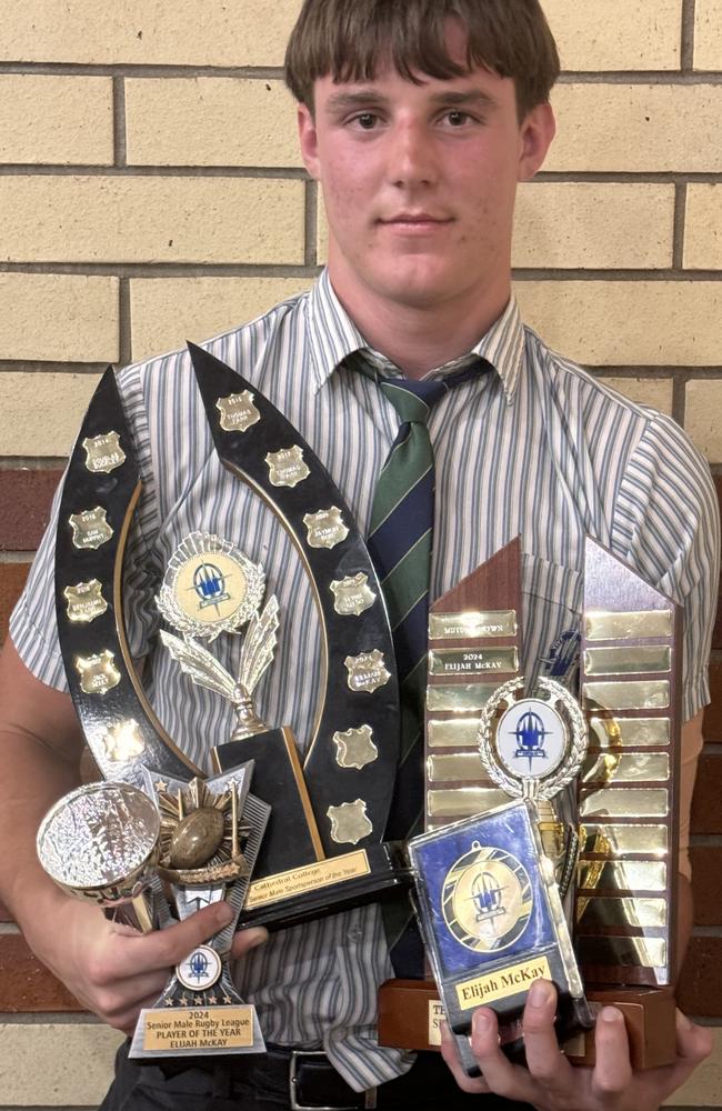 Eli McKay with a haul of sports trophies he won at The Cathedral College.