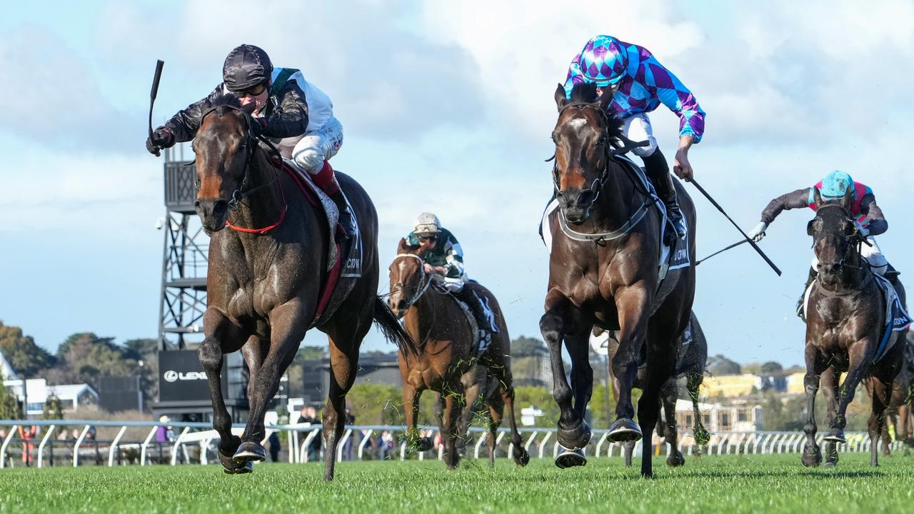 Mr Brightside and Craig Williams (left) prevail in a thrilling battle with Pride Of Jenni and Declan Bates in the Group 1 Makybe Diva Stakes at Flemington. Picture: George Sal/Racing Photos via Getty Images