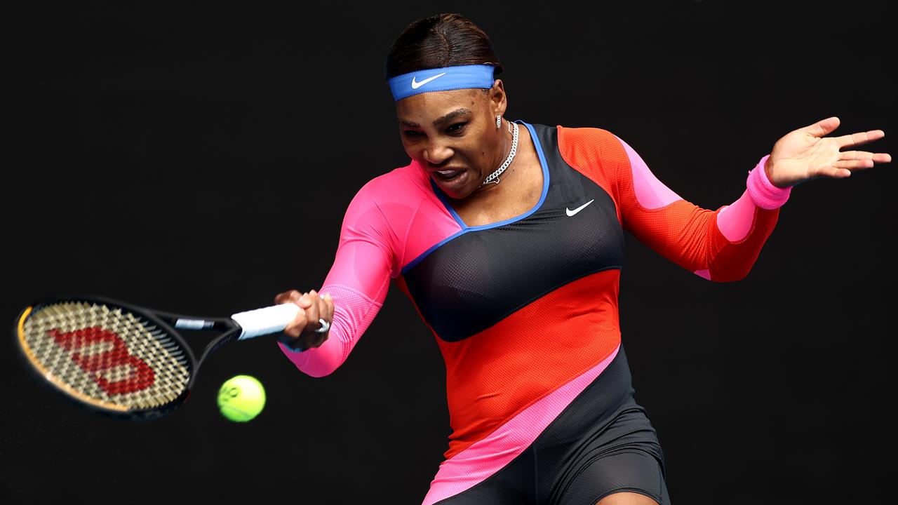 Serena Williams plays a forehand in her Women's Singles first round match against Laura Siegemundat at the 2021 Australian Open. (Photo by Cameron Spencer/Getty Images)