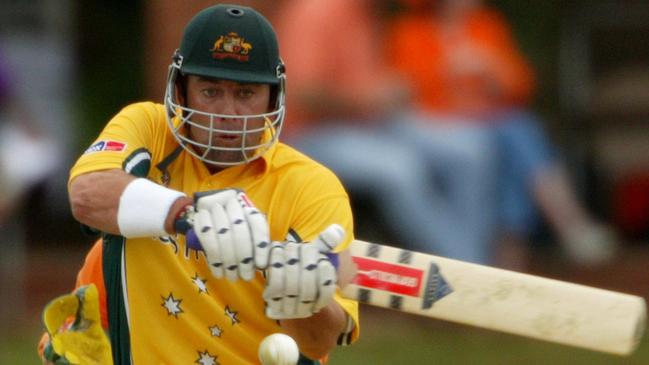 Darren Lehmann plays pull shot during Australia v Holland one-day International match of 2003 World Cup tournament at North West Stadium in Potchefstroom.