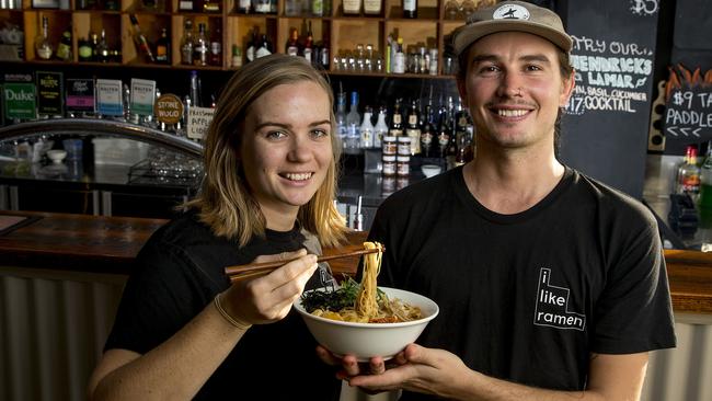 Bob Douglas and Ashleigh Andrews at Bine Beer Bar. Picture: Jerad Williams