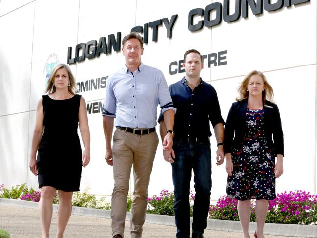 L to R, Lisa Bradley Div 1, Darren Power Div 10, Jon Raven Div 5, Laurie Koranski Div 4, they are the four "good guy" Logan councillors that will to be sacked today when the QLD Government sacks the entire council, Logan, on Thursday May 2nd, 2019 (Image AAP/Steve Pohlner)