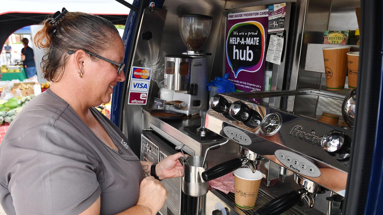 Sonia Oliver-Scoble from Mad Cow Coffee makes a brew at the Greater Whitsunday Farmers Market. Picture: Tony Martin