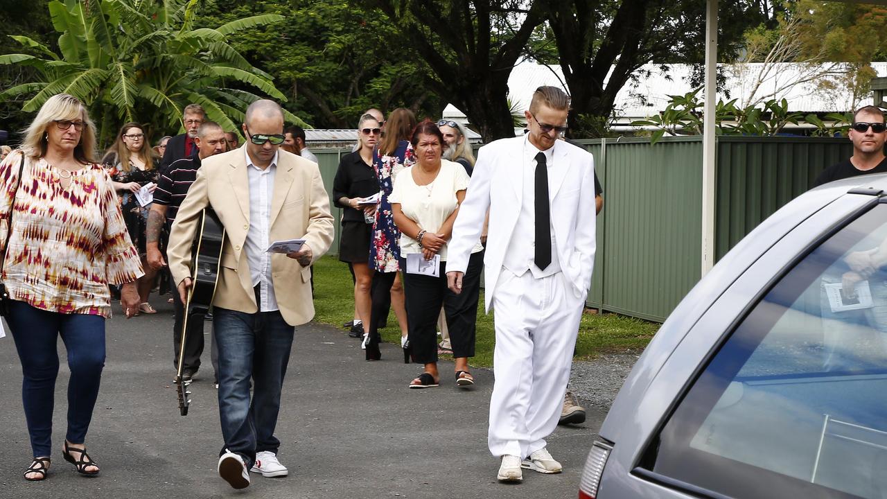 Friends and family attend the funeral of well-known Gold Coast man Ian Gal at Nerang Uniting Church on Thursday morning. Picture: Tertius Pickard