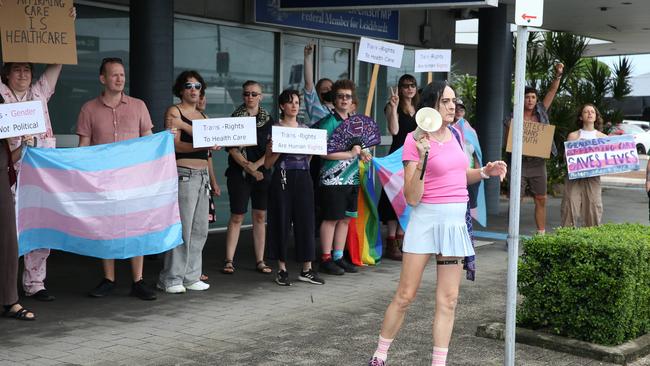 The Cairns trans community and supporting family members protest the State Government's pause on gender therapy including puberty blockers and hormone treatments. Wendy Ramsey led the rally on Wednesday, January 30, chanting "trans rights are human rights." Picture: Arun Singh Mann