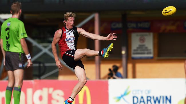 Southern Districts’ Ed Barlow snaps a goal at TIO Stadium