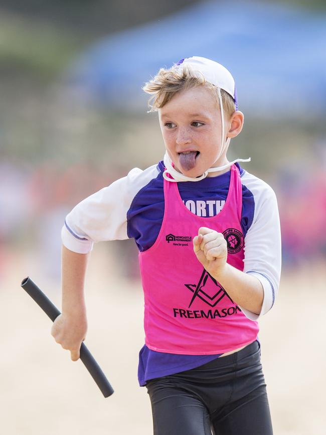 North Entrance competitor Connor Ashton during the under-8 beach sprint during the Surf Life Saving Central Coast junior branch carnival at Copacabana Beach on Sunday, 2 February, 2020. Picture: Troy Snook