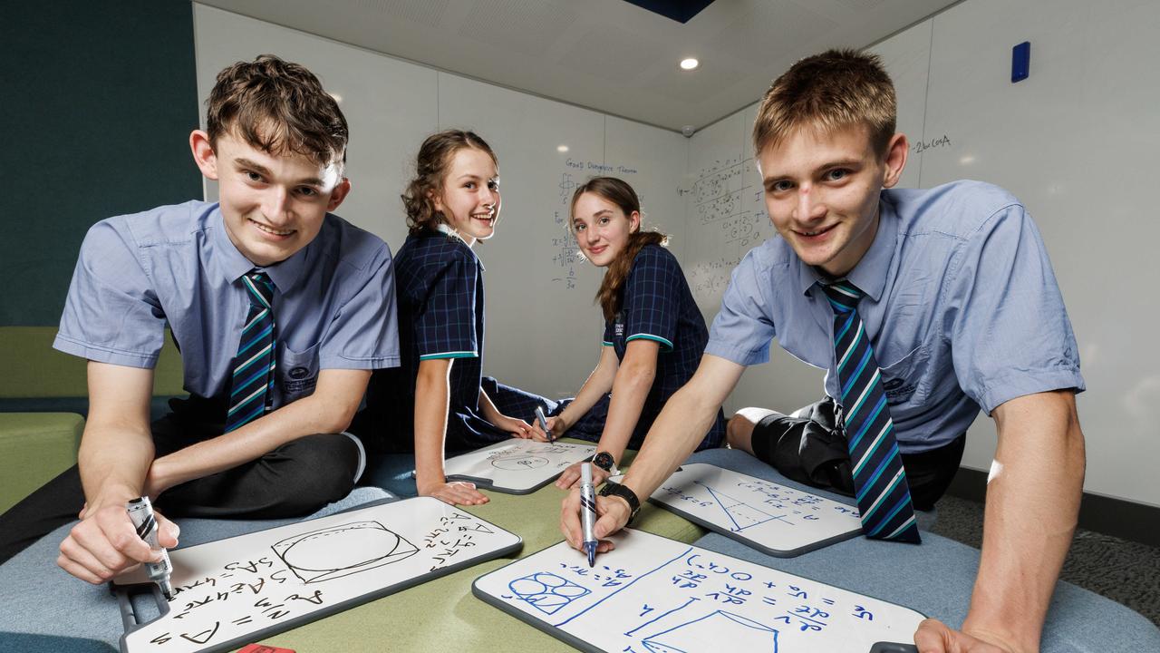 Mathematics students Daniel Probert, Hanina Ward, Neve Fleming and Aidan Chumbley from Matthew Flinders Anglican College who are preparing for the International Maths Olympiad to be held on the Sunshine Coast. Picture Lachie Millard