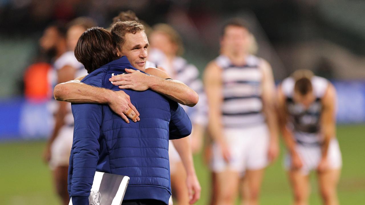 Chris Scott hugs Joel Selwood post-game. Picture: Daniel Kalisz/Getty Images