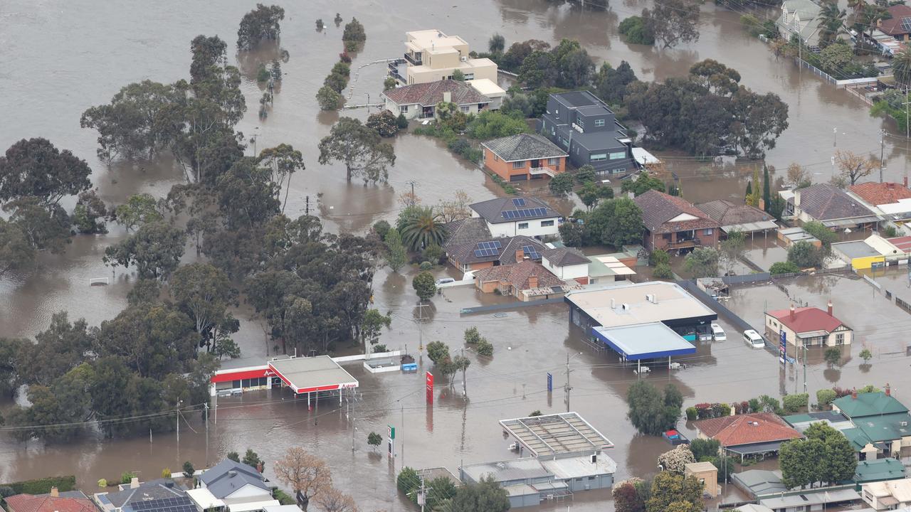 Flooded buildings in Maribyrnong. Picture: David Caird