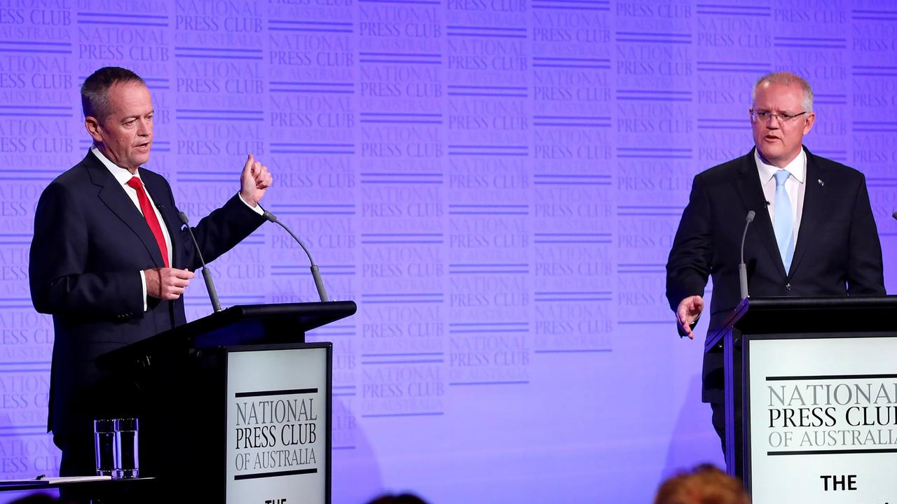 Bill Shorten with Scott Morrison at Wednesday night’s leaders’ debate. Picture: Liam Kidston/AFP