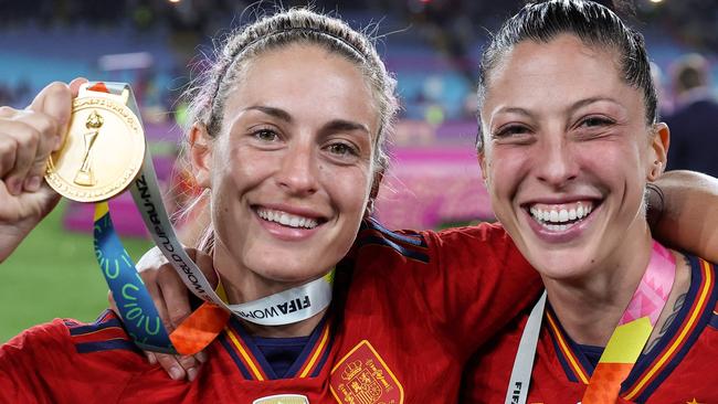 Spanish star Alexia Putellas, left, with Jenni Hermoso, right, after winning the World Cup final. Picture: Franck Fife/AFP