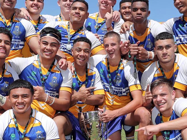 Pictured are Patrician Brothers Blacktown players celebrating their win of the 2020 NRL Schoolboy Cup Grand Final. The final was between Westfields Sports High and Patrician Brothers Blacktown at Leichhardt Oval in Sydney.Picture: Richard Dobson