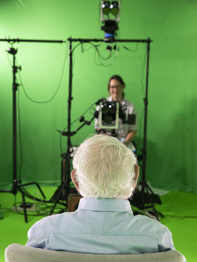 Eddie Jaku in the green room with the specially-designed 23 camera rig. Pictures: Nadine Saacks