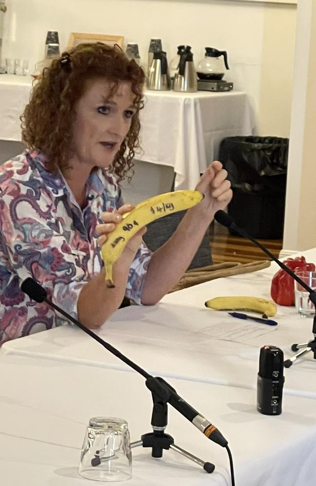 Agronomist and farming advocate Judy Plath used props to demonstrate how supermarkets were driving a consumer culture of large and unblemished produce which was driving up costs and waste for farmers.
