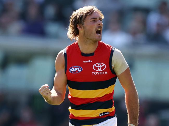 MELBOURNE.  26/03/2022.   AFL. Round 2. Collingwood vs Adelaide crows at the MCG.  Luke Pedlar of the Crows celebrates a 3rd qtr goal   . Photo by Michael Klein