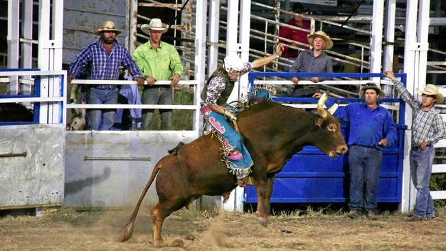 BUCKING BULL: Charleville's Tyson Burke in the Novice Bull event at last year's Injune Rodeo. Picture: Alexia Austin