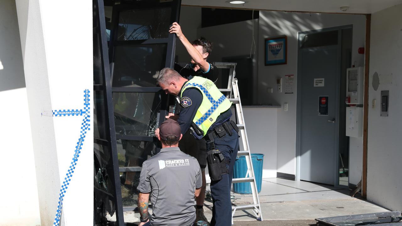 Damage to Clarence Plains Police Station caused from a vehicle driving into the front doors. Picture: Nikki Davis-Jones