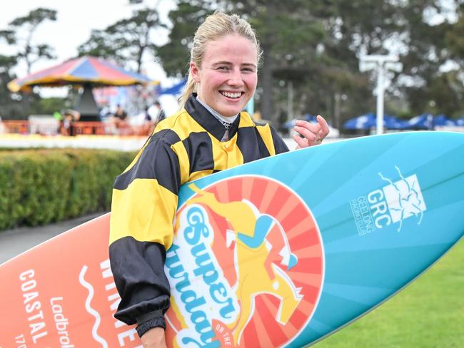 /j=20851532/ after Holymanz (NZ) won the Ladbrokes Coastal Classic at Geelong Racecourse on January 04, 2025 in Geelong, Australia. (Reg Ryan/Racing Photos via Getty Images)