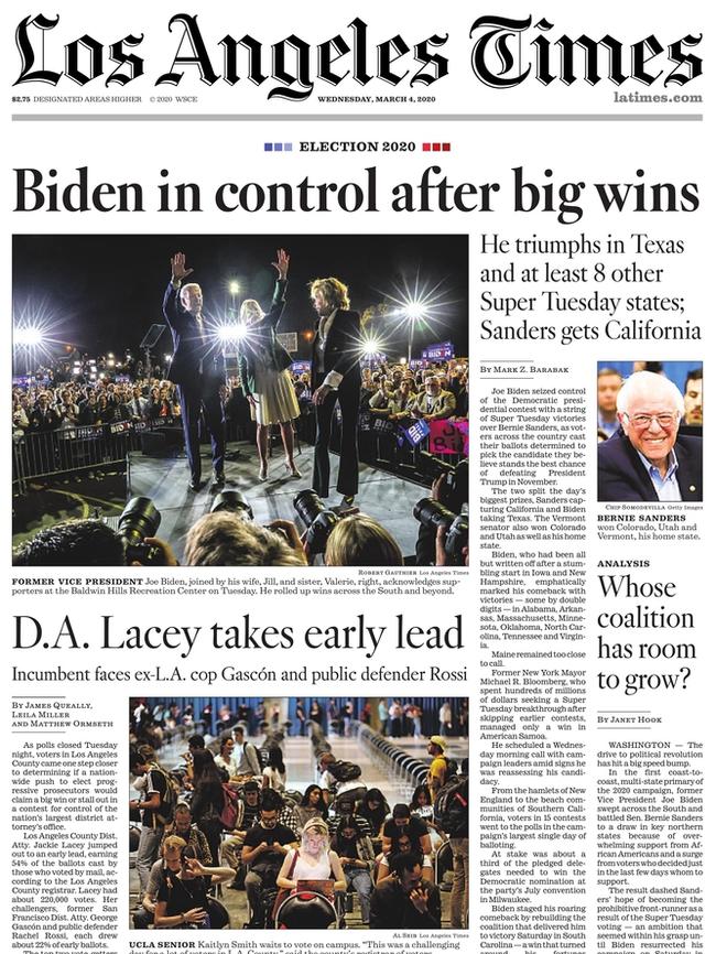 The Los Angeles Times front page. Picture: LA Times