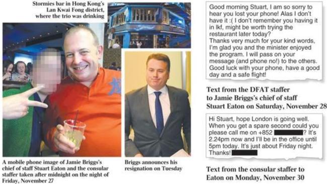 A mobile phone image of Jamie Briggs’s chief of staff, Stuart Eaton, and the consular staffer taken on November 27; Stormies bar; text message correspondence relating to the matter; Briggs.