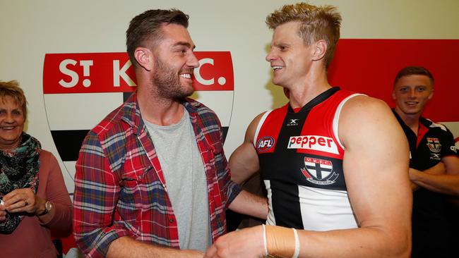 Former Saint Sam Fisher (left) and then St Kilda Skipper Nick Riewoldt in 2017. Picture: AFL media