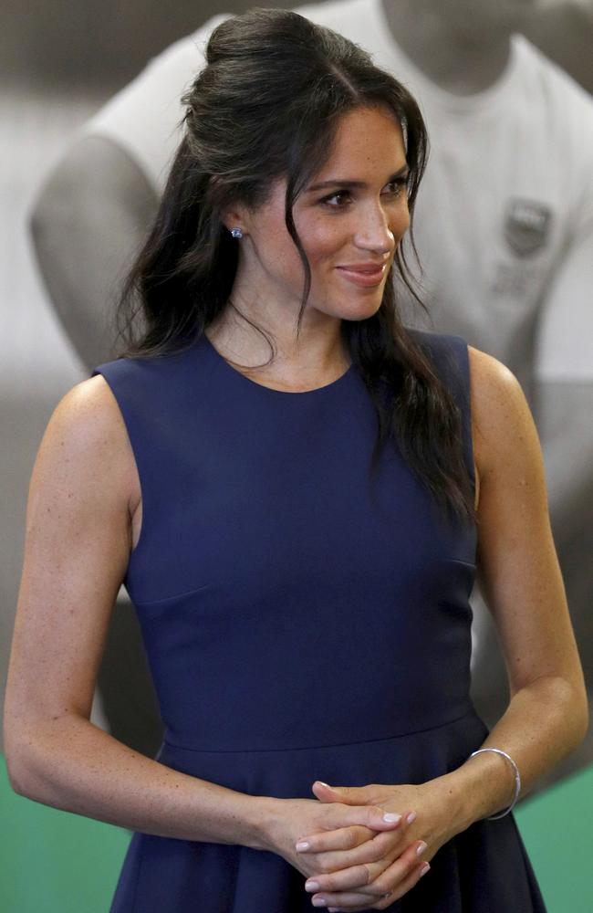 Meghan, Britain’s Duchess of Sussex, during her visit to Macarthur Girls High School in Sydney. Picture: Phil Noble/Pool Photo via AP