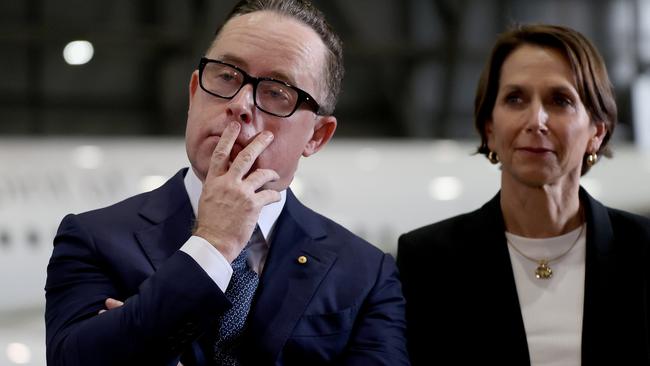 Qantas CEO Alan Joyce and Virgin Australia CEO Jayne Hrdlicka maintain a friendship despite the bitter rivalry between the airline groups. Picture: Dylan Coker