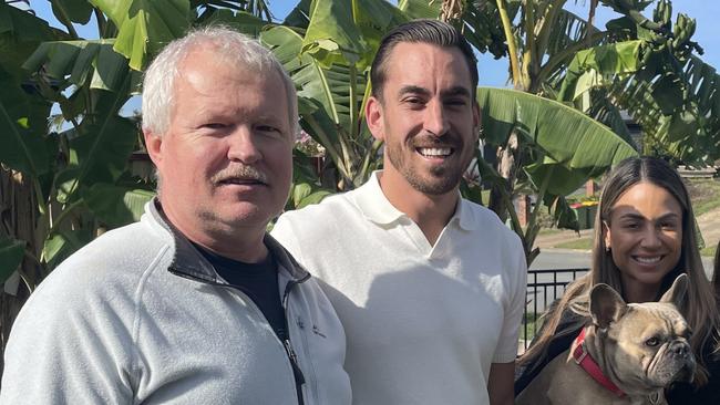 Conner Malan with wife Elly and their beloved French Bulldog Herbert — and the man who found him, Herbert Schulz.