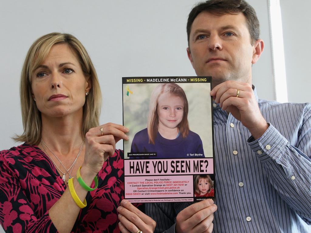 Kate and Gerry McCann hold an age-progressed police image of their daughter during a news conference in 2012 to mark the 5th anniversary of the disappearance of Madeleine McCann. Picture: Getty