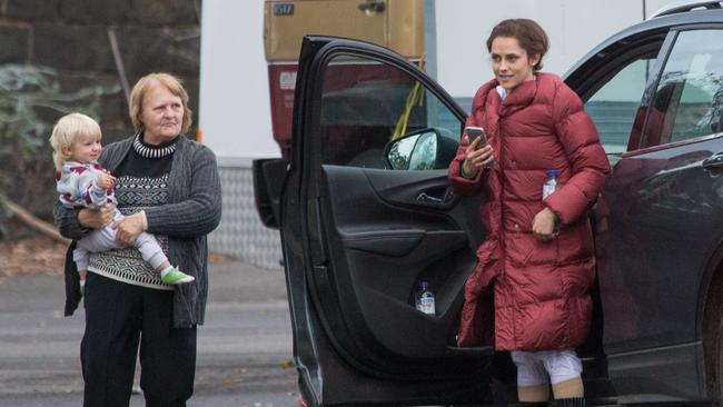 Son Bohdi greets Teresa Palmer on the set of Ride Like A Girl. Picture: Splash