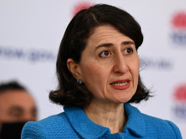 SYDNEY, AUSTRALIA - AUGUST 26: NSW Premier Gladys Berejiklian speaks to the media during a press conference to provide a COVID-19 update on August 26, 2021 in Sydney, Australia. NSW recorded 1029 new locally acquired cases of COVID-19 as the entire state continues in lockdown. (Photo by Bianca De Marchi - Pool/Getty Images)